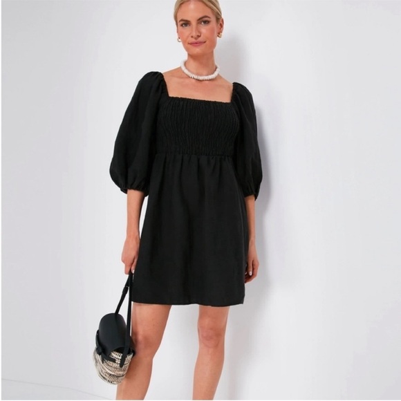 Tuckernuck Black Annie Smocked Linen PuffSleeve Dress Size XXL